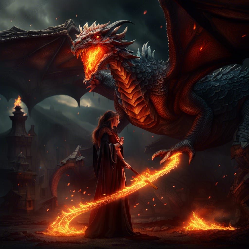 Dark Sorceress Invoking Flaming Dragon in Cinematic Digital....