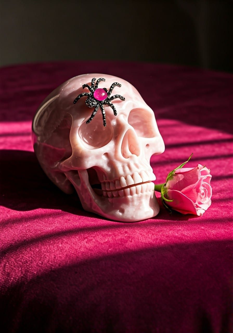 Ethereal Pink Skull Adorned with Velvet Rose