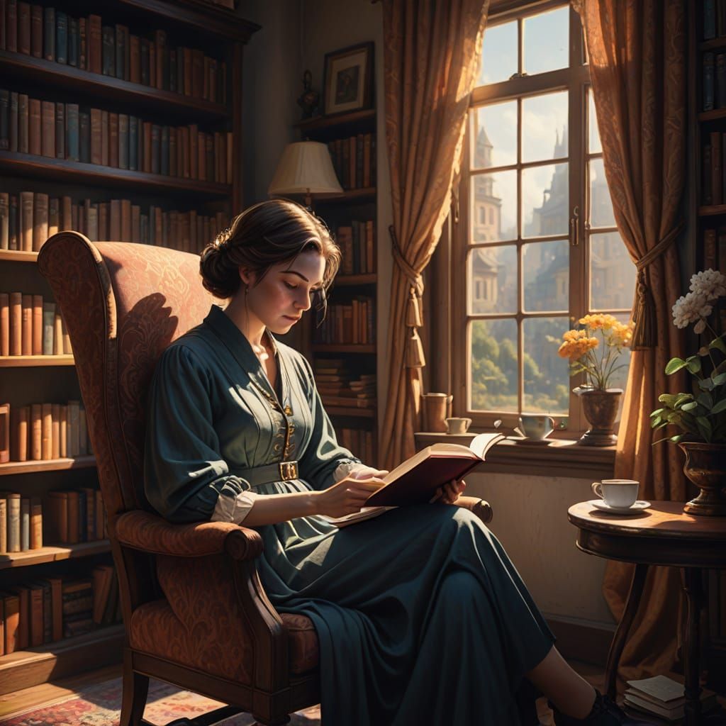 Woman Reading by Window: Fantasy Matte Painting