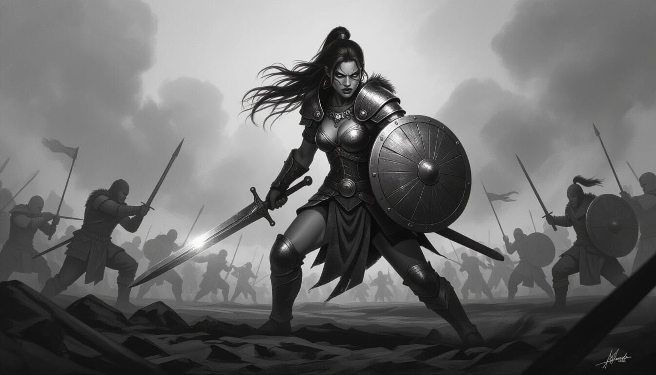 Fierce Warrior Queen in Dramatic Charcoal Drawing Style