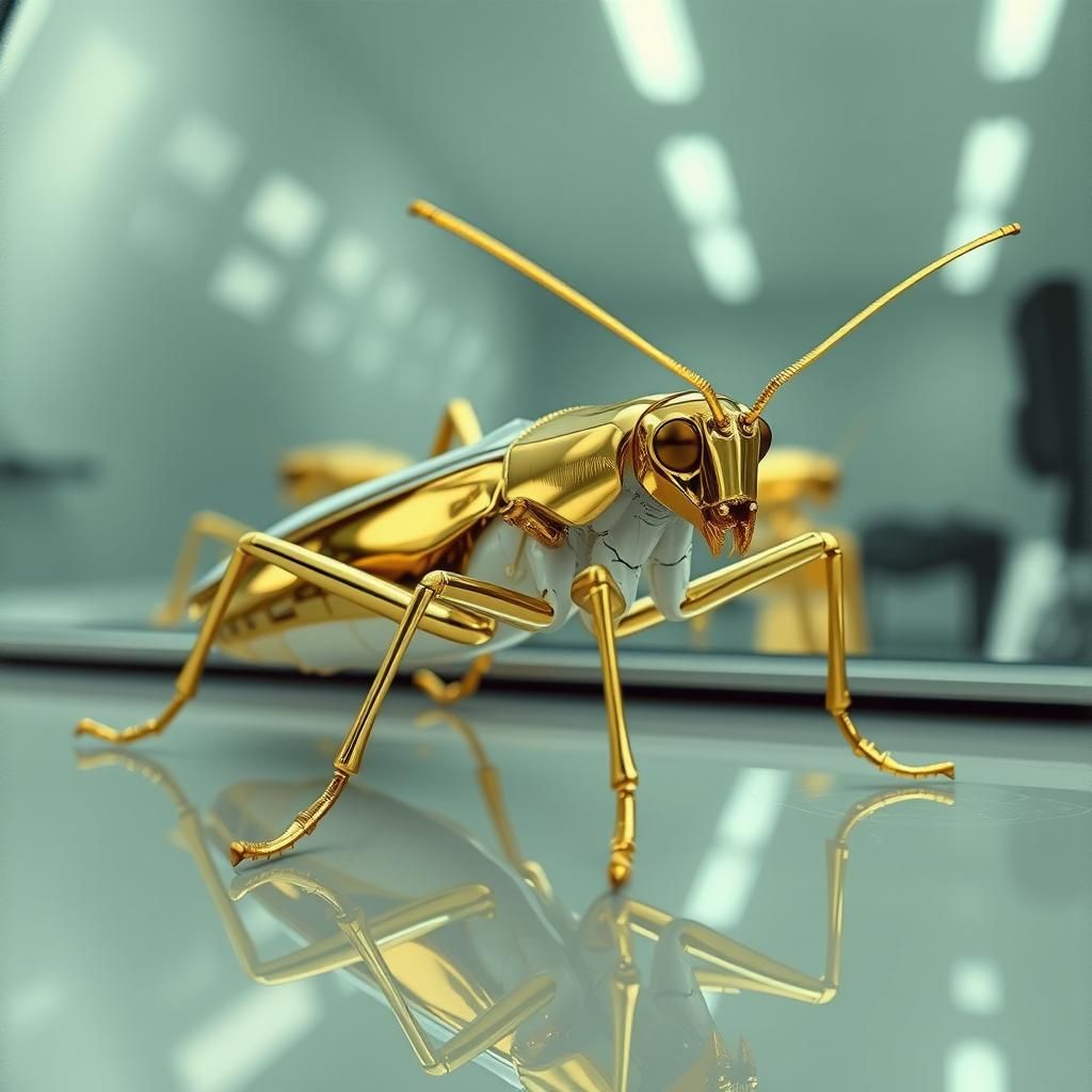 Shimmering Chrome Katydid in Cinematic Lighting