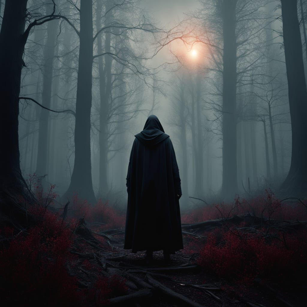 Mysterious Hooded Figure in a Haunting Dark Fantasy Landscap...