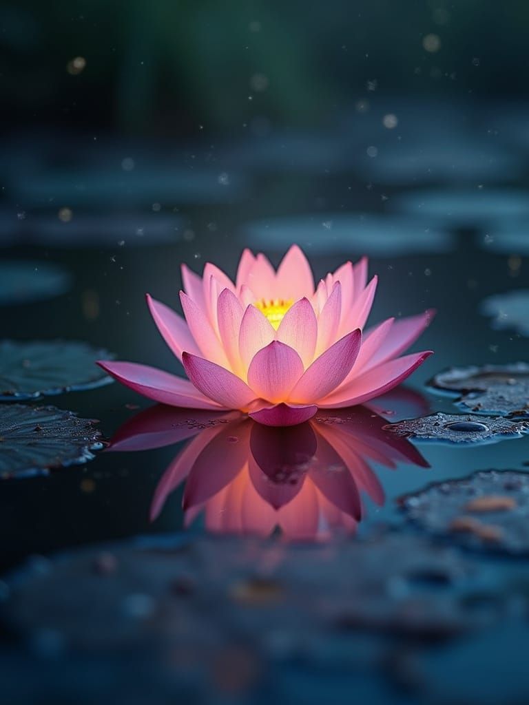 Glowing Lotus Flower in Astral Pond: Mixed Media Illustratio...