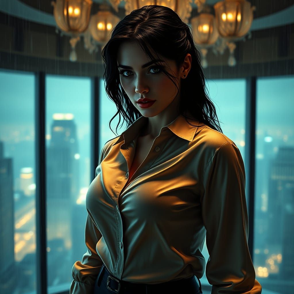Elegant Latina Figure in Dark, Rainy Office Setting
