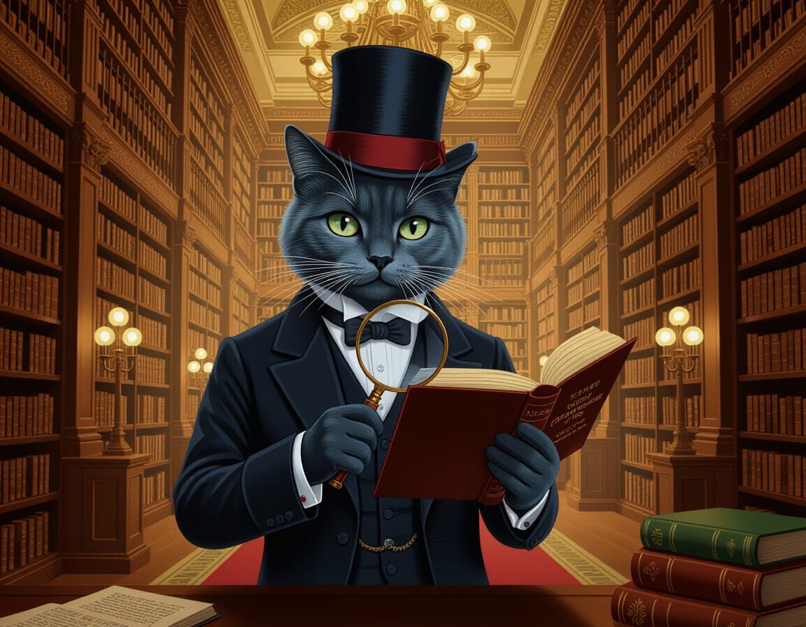 Victorian Cat Gentleman Reads in Library