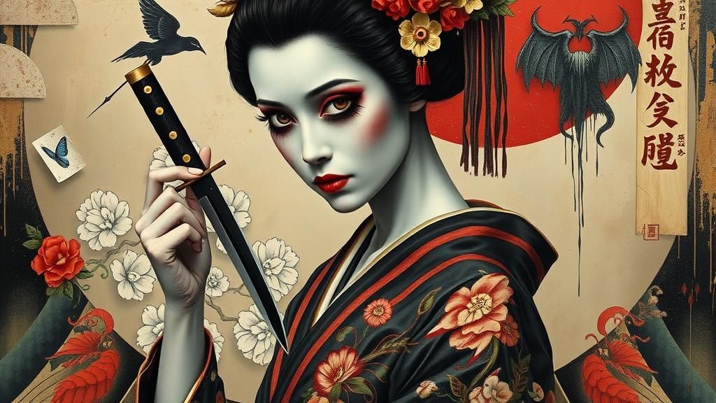 Serene Horror Geisha in Abstract Surrealist Wonderland