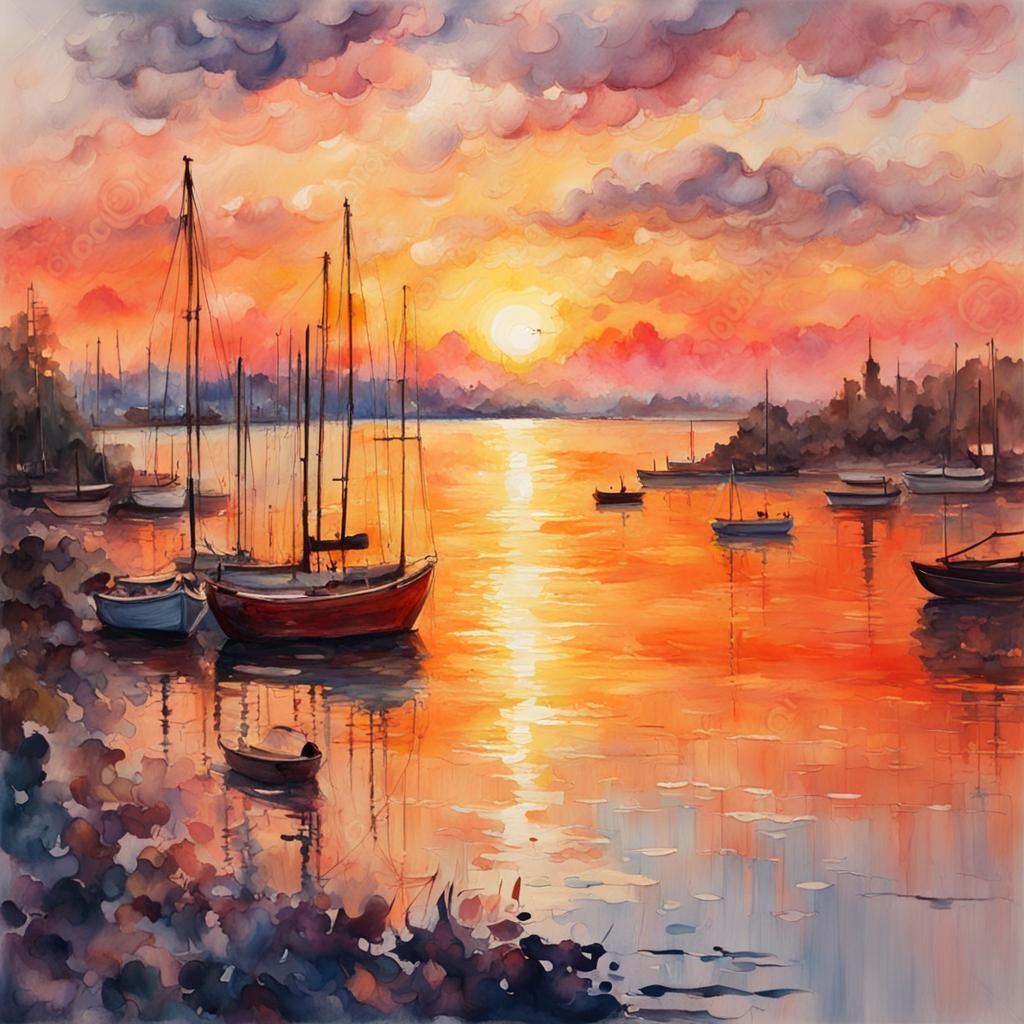 Vibrant Epic Impressionist Masterpiece Capturing Sunset over...