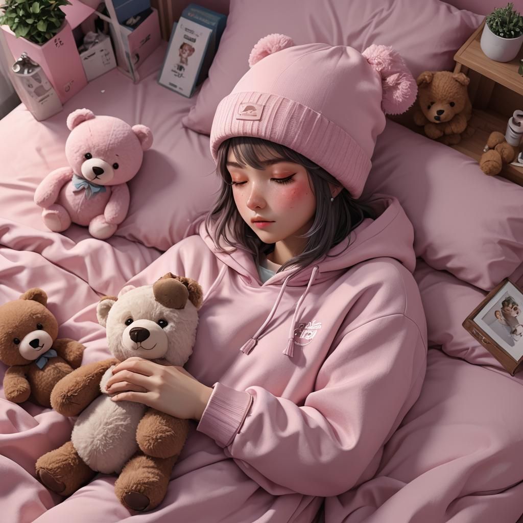 a girl sleeping on a pink bed and wearing a bear beanie