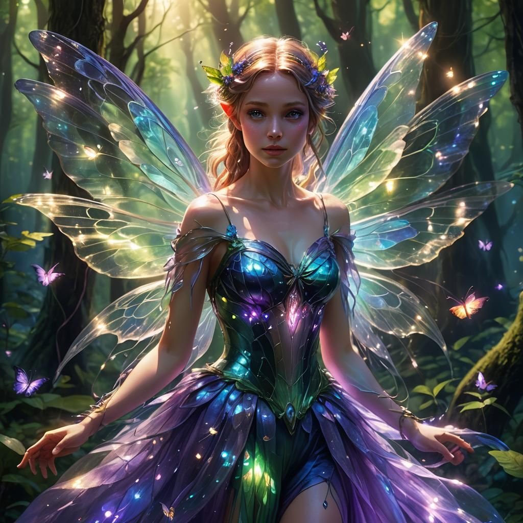Ethereal Fantasy Fairy Amidst Lush Forest in Whimsical Art