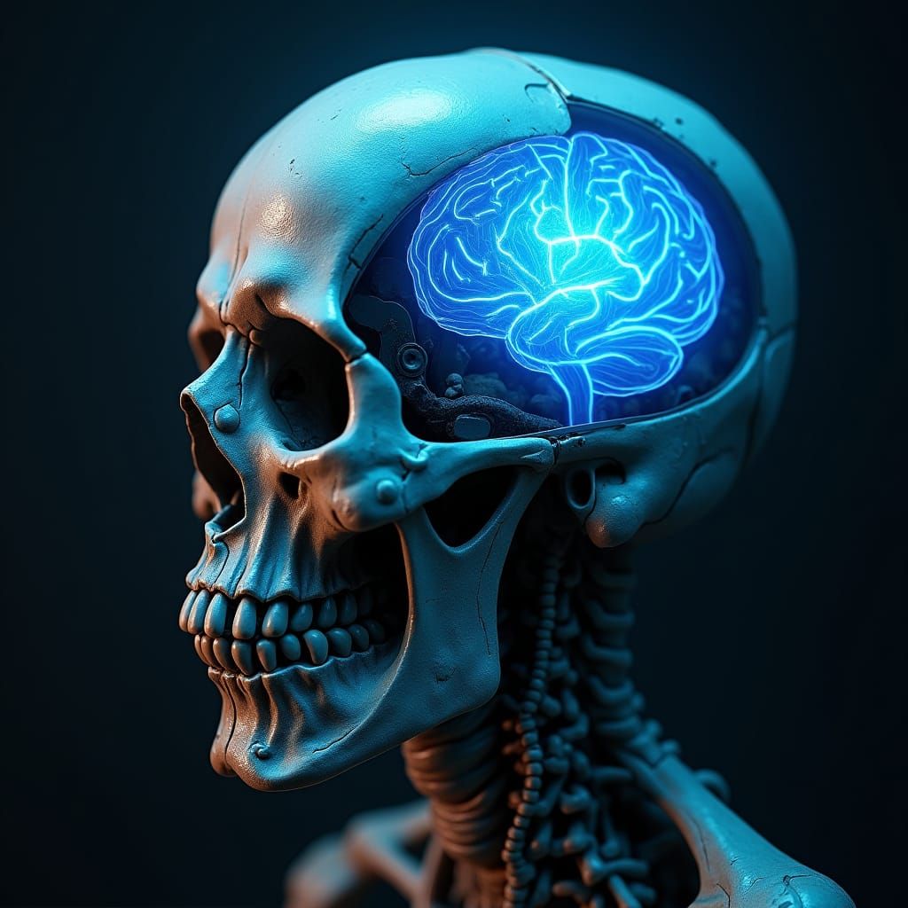 Biomechanical Skull with Glowing Electric Blue Brain