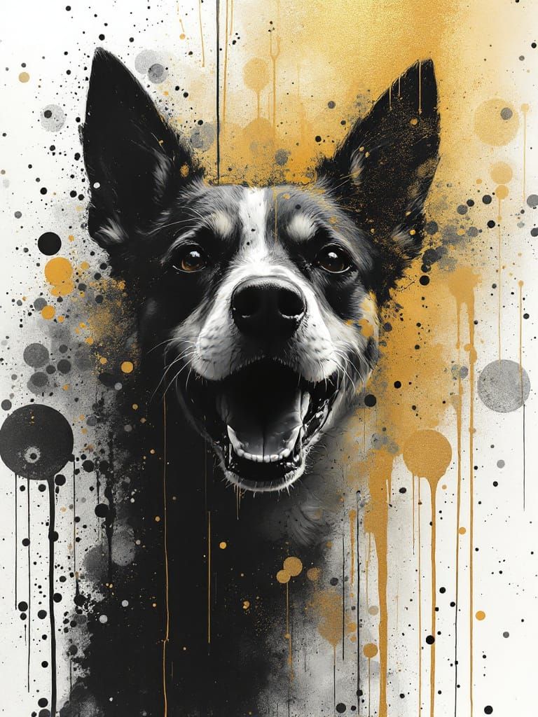 Joyful Dog in Sun with Explosive Yellow Bursts