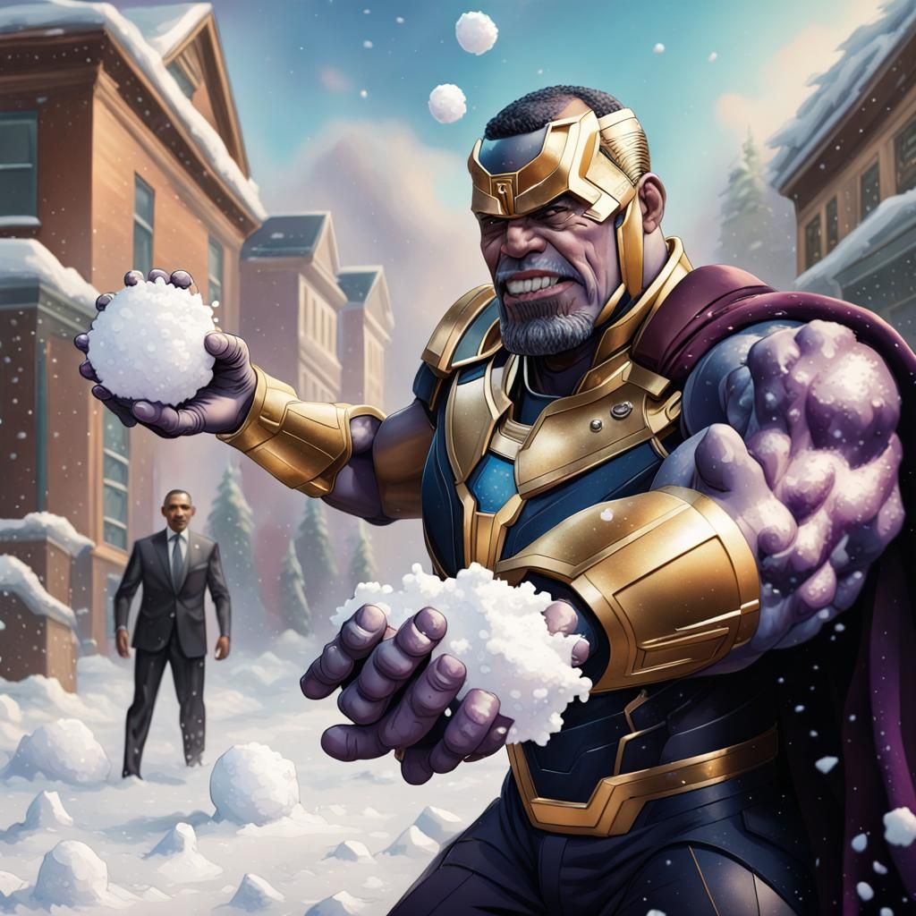 Dramatic Obama Takes Down Thanos in a Snowball Fight