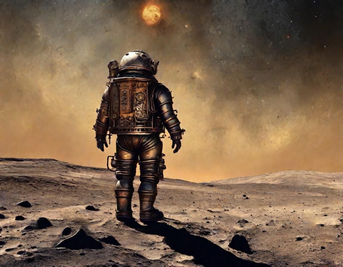 Steampunk Astronaut on the Moon in Burnt Oil Metal Art