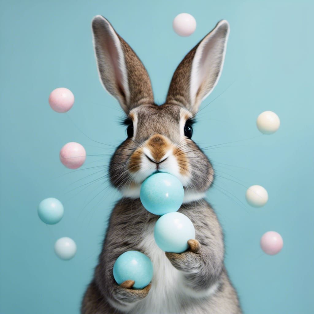 Whimsical Rabbit Chewing Pastel Blue Bubble Gum in an Enchan...