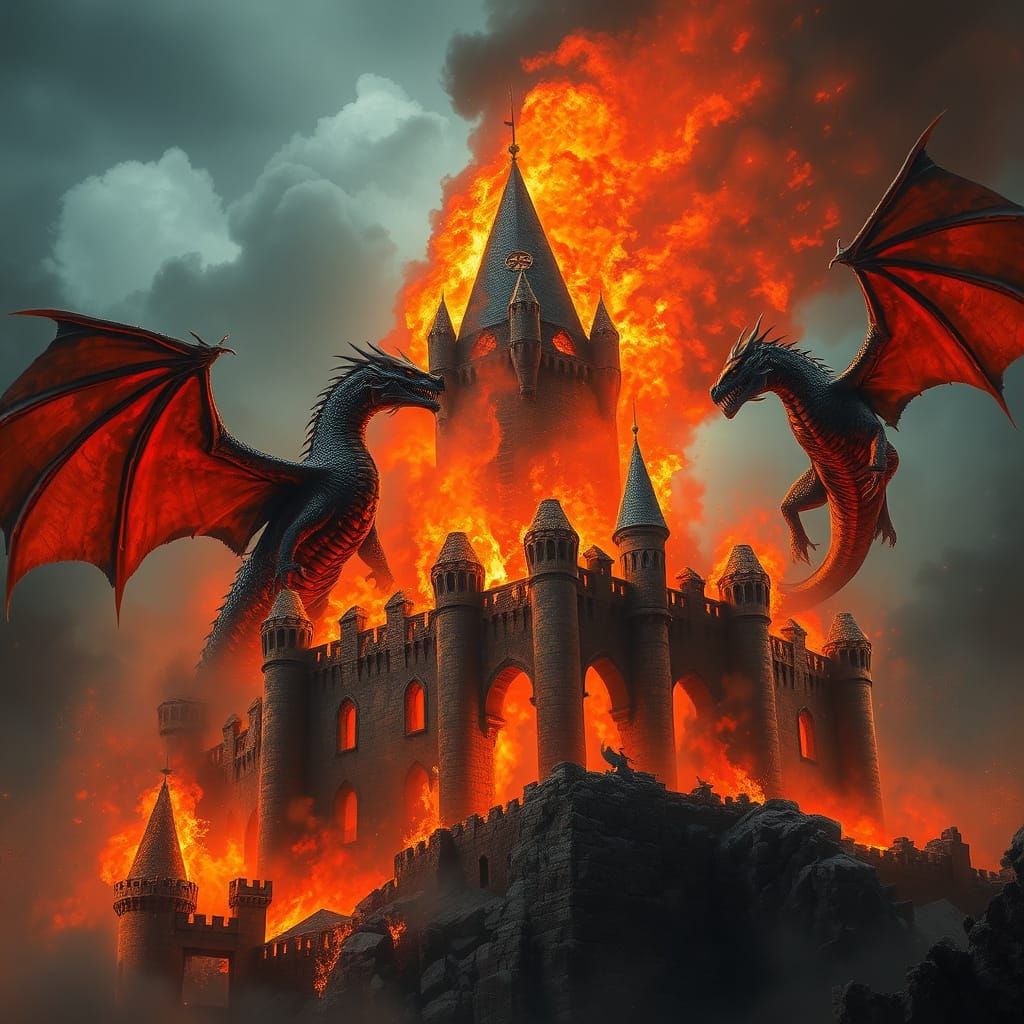 Medieval Castle Ablaze in a Vortex of Flames