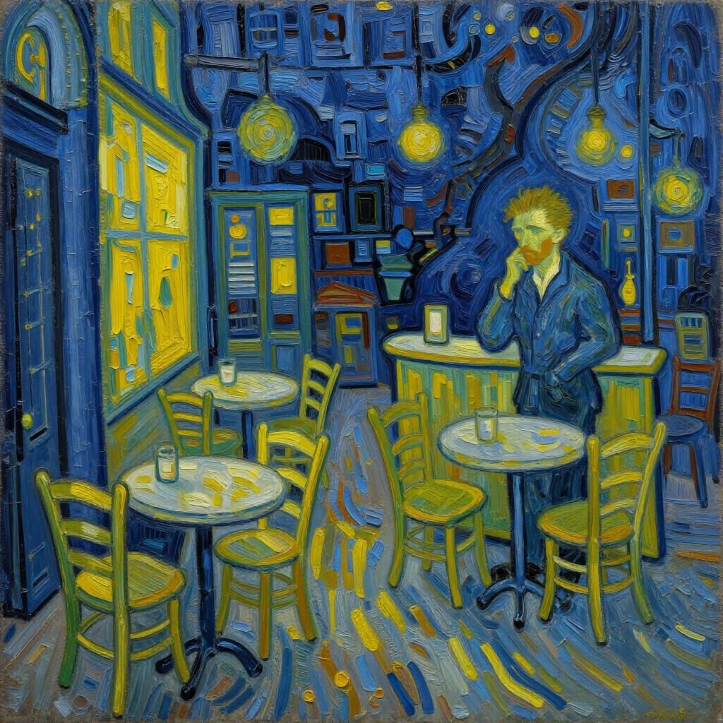 Van Gogh Inspired Cafe Scene: Pensive Waiter at Night