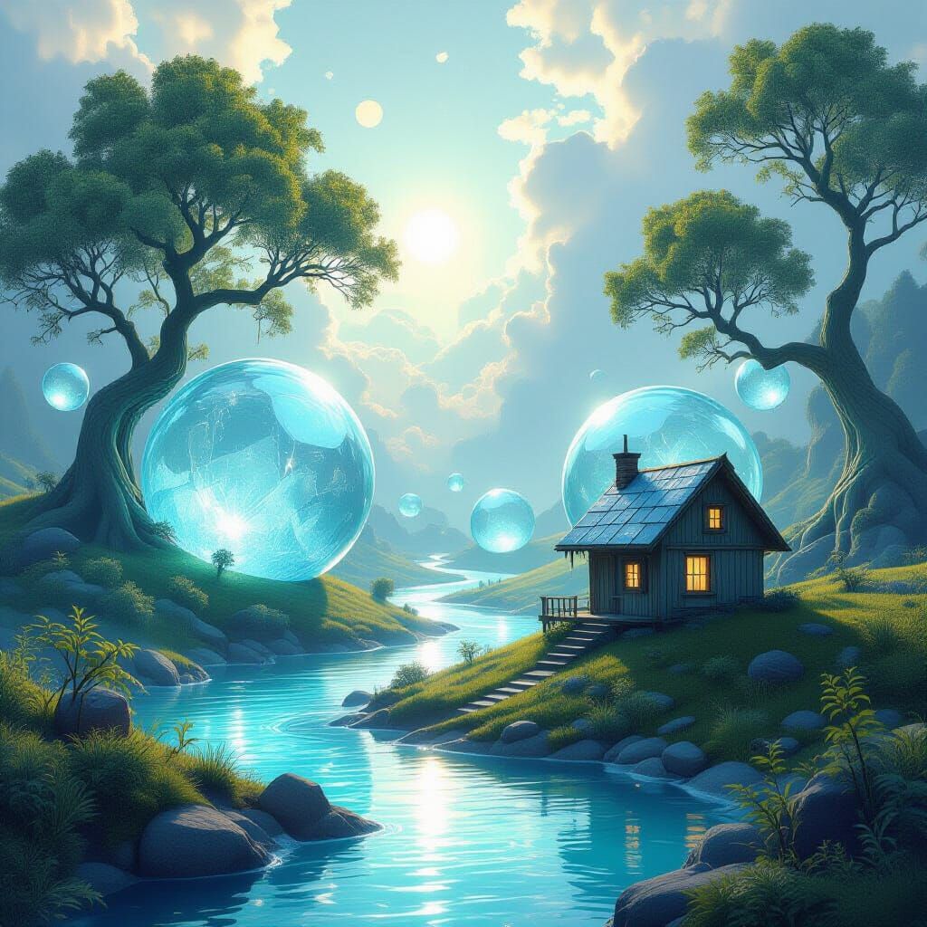 Magical Realism Landscape: Crystal Rivers and Orb Trees