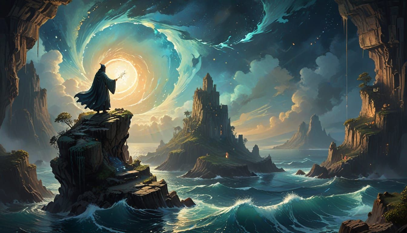Ethereal Wizard on Floating Island Over Liquid Time