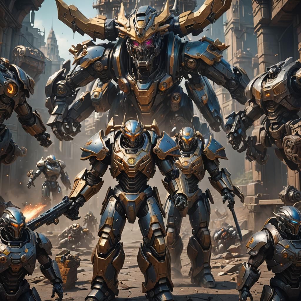 Epic Fantasy Robot Guard in Vibrant, Fantastical Landscape