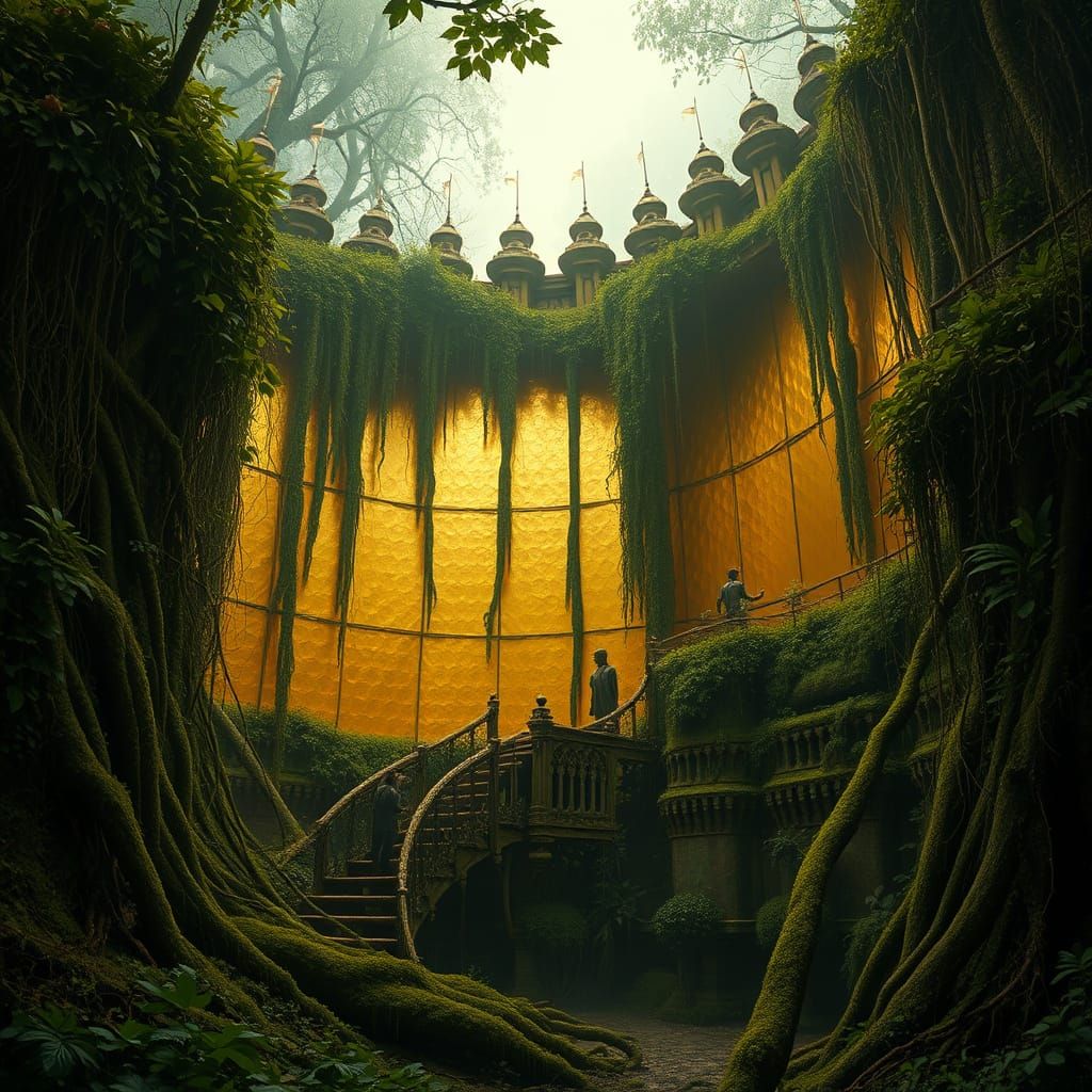 Golden Jungle Palace Radiating Light, Digital Concept Art