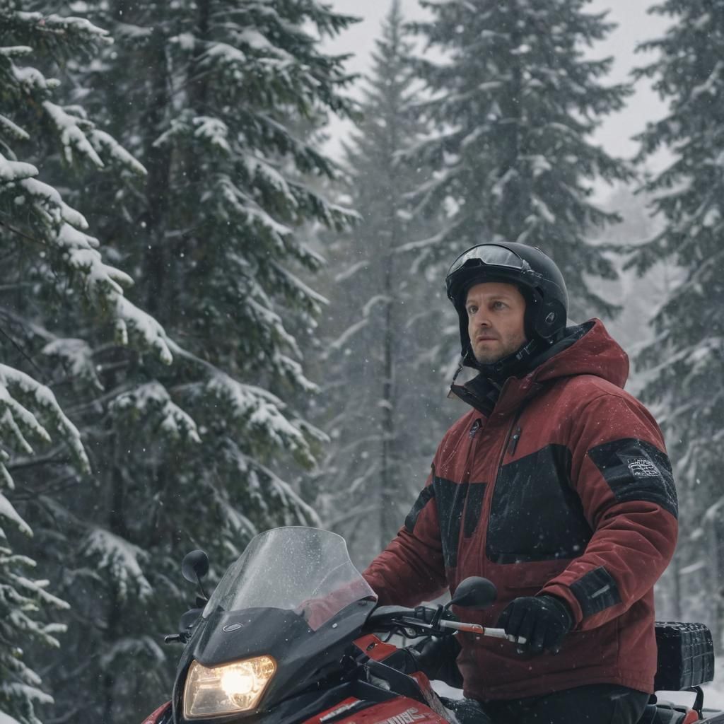 Red-Clothed Slavic Man in Winter Wonderland