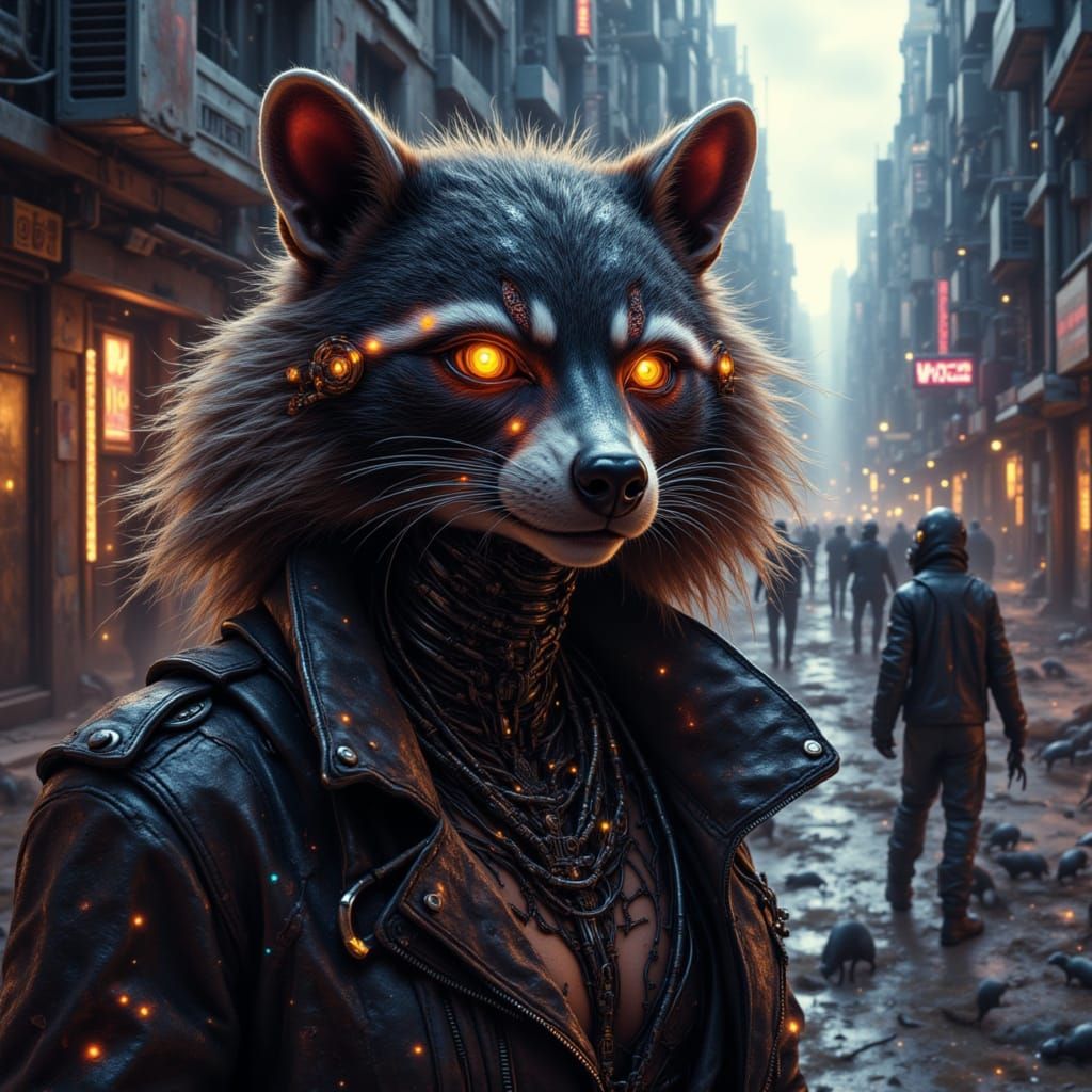 Cyberpunk Raccoon Gang in Post-Apocalyptic Cityscape