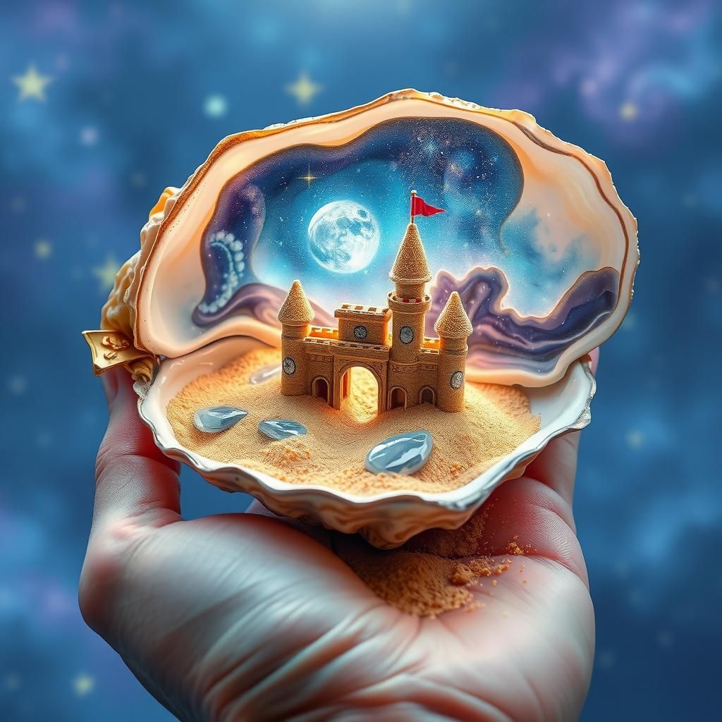 Cosmic Sandcastle in Oyster Shell: Watercolor 3D Art