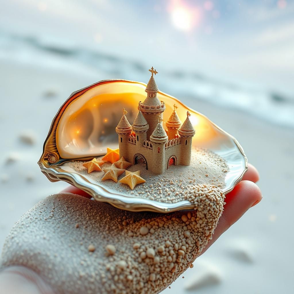 Cosmic Sandcastle in Oyster Shell: Watercolor 3D Art