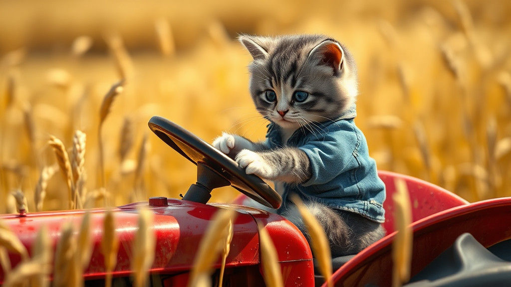 Kitten Rides Tractor Through Wheat Field