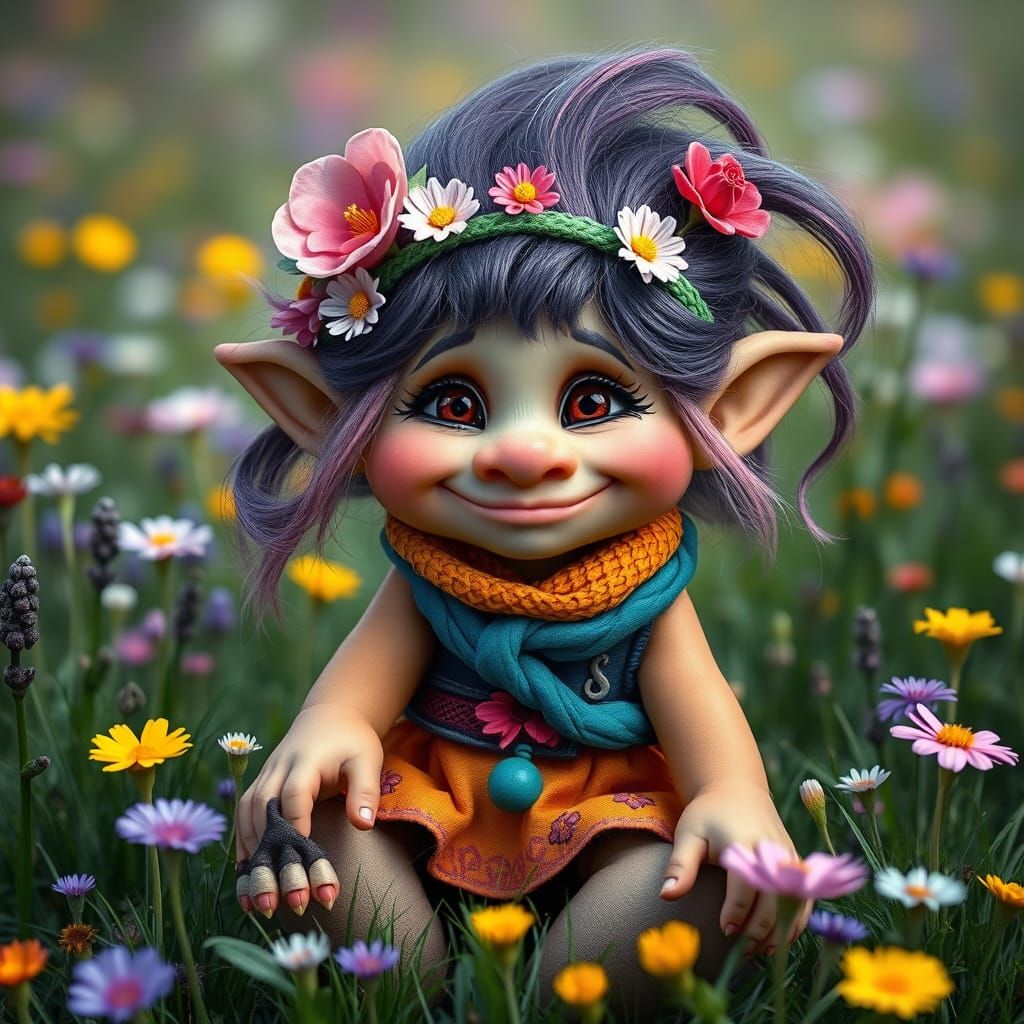 Adorable Troll in Meadow, Illustrative Art Style