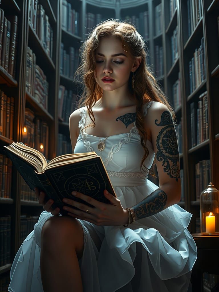 Sensual Dorothy in a Dark Library Reading Ancient Tomes