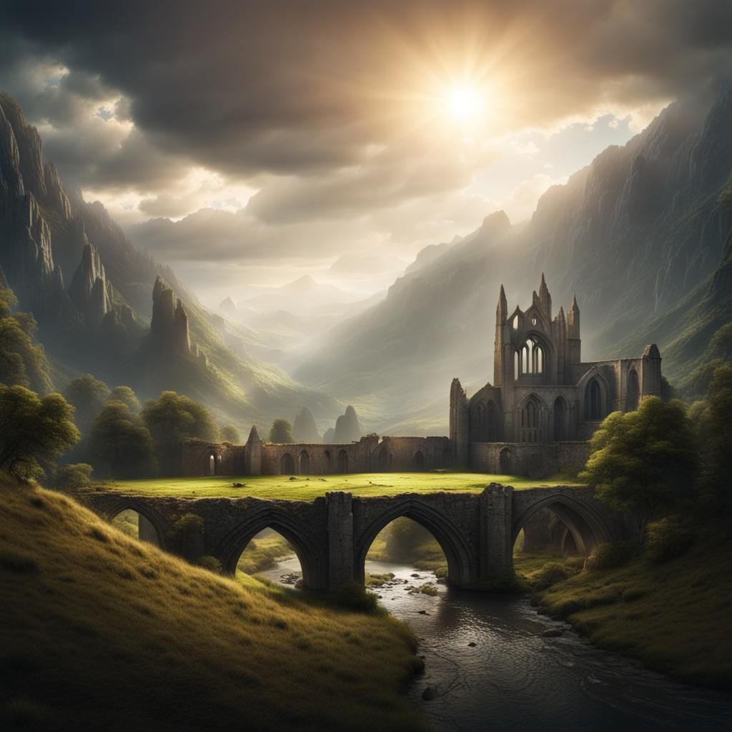 Medieval Abbey Ruins in a Dramatic Valley Landscape