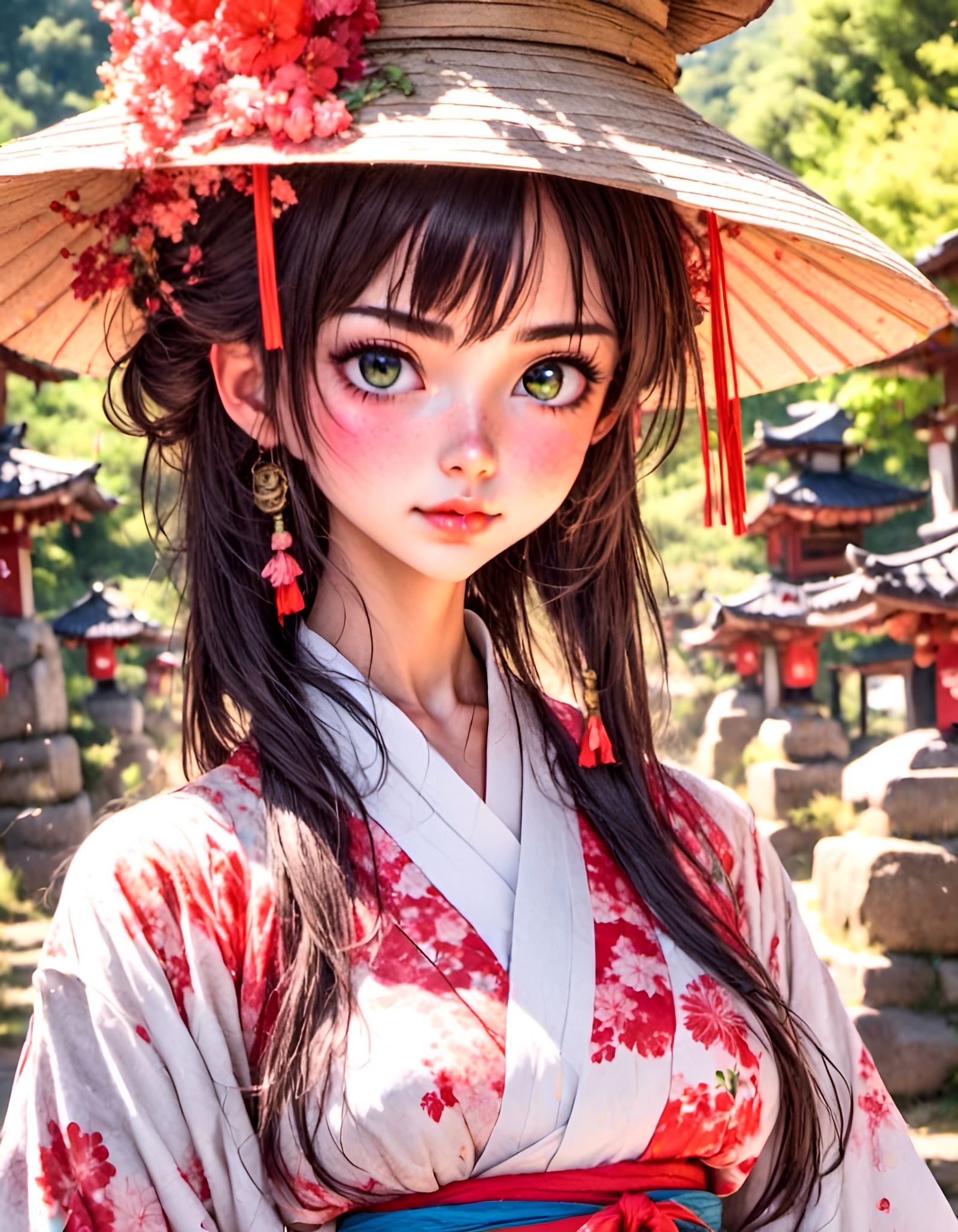 Gorgeous Woman in Summer Outfit at Rural Shinto Shrine