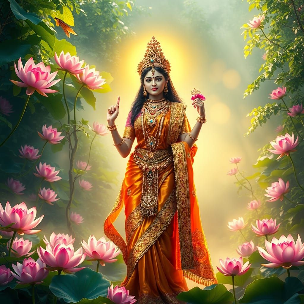 Majestic Goddess Lakshmi in Radiant Silk Sari, Surrounded by...
