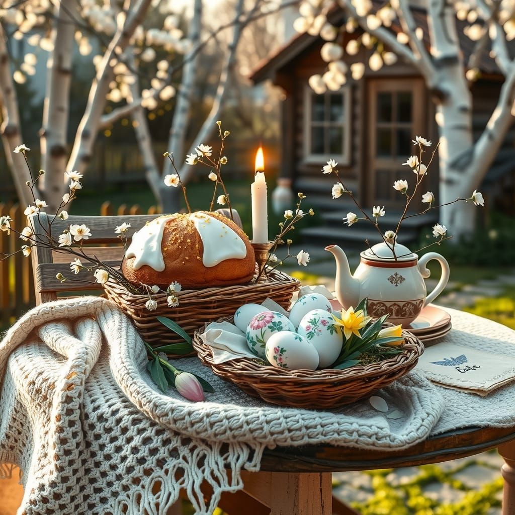 Magical Easter Cottage Garden Scene in Soft Pastel Hues