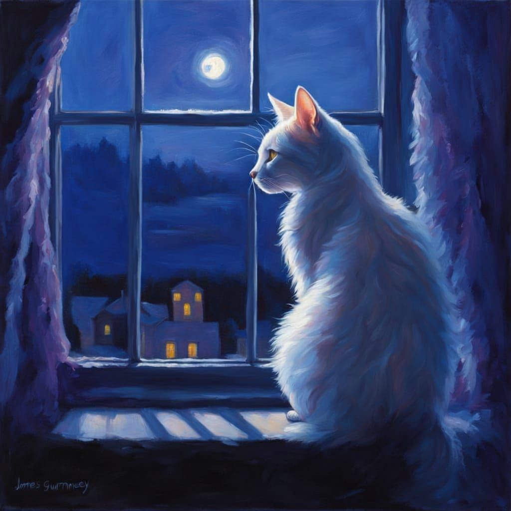 White Cat in Window During Blue Hour Oil Painting