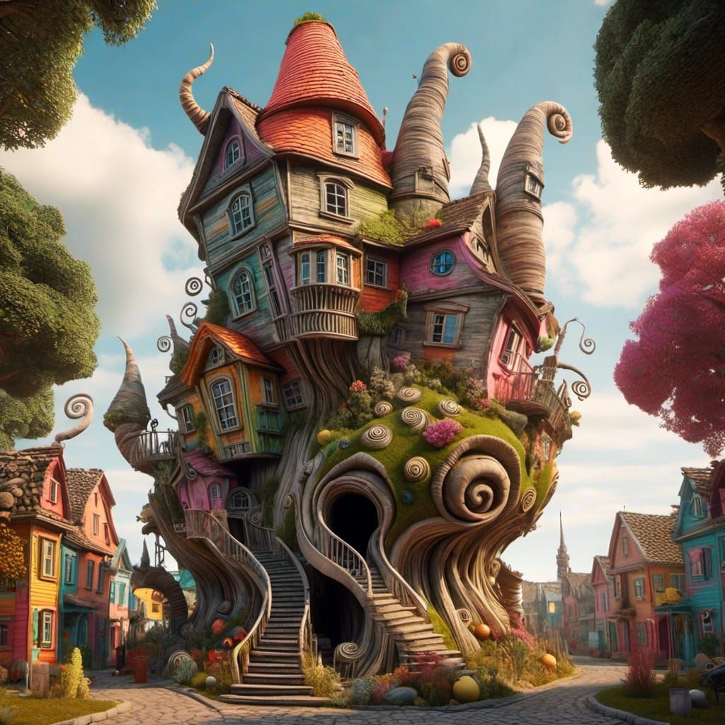 Wonky Houses in Whimsical Woodland Scene
