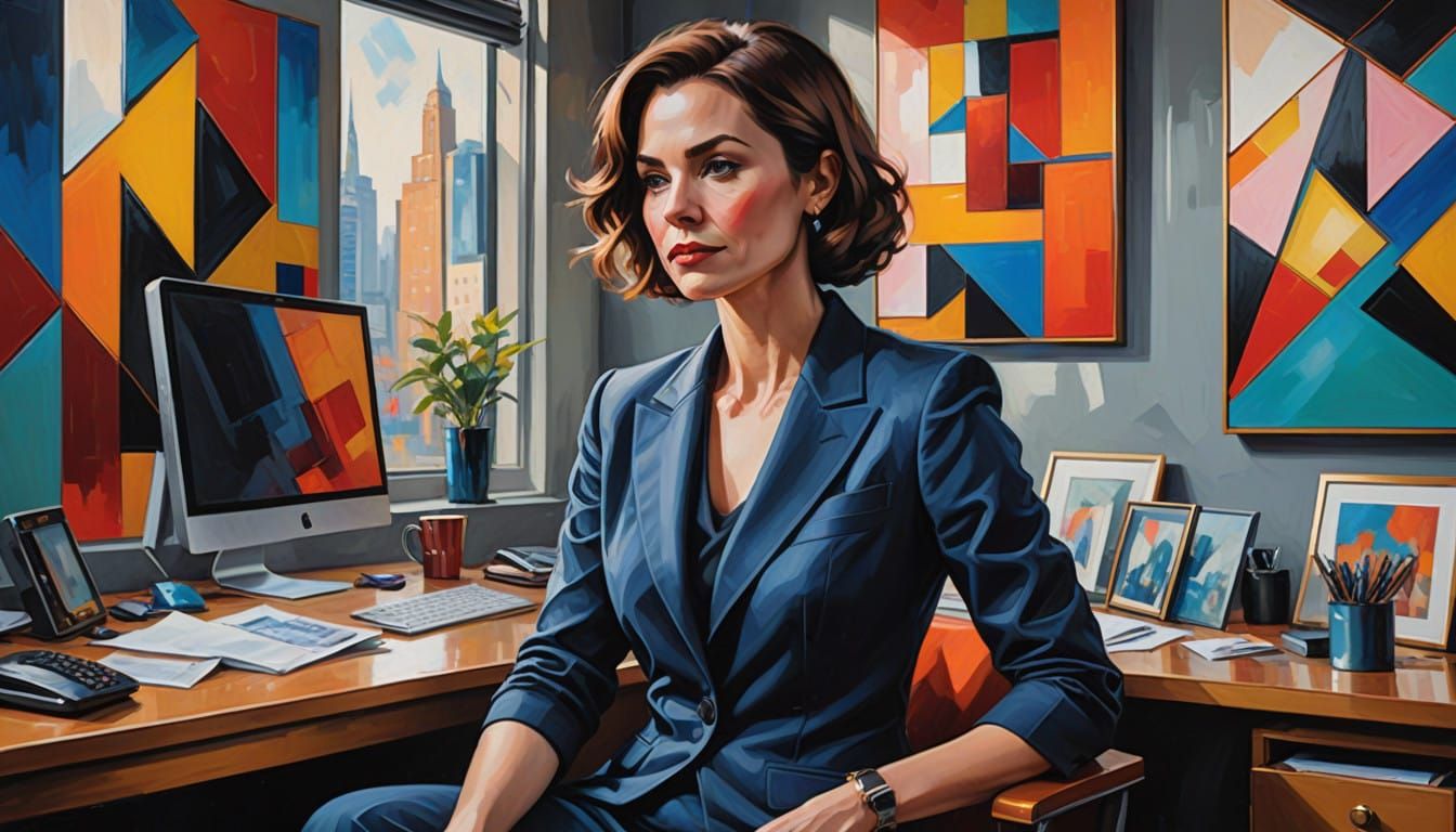 Confident Woman in Neo-Cubist Office Scene