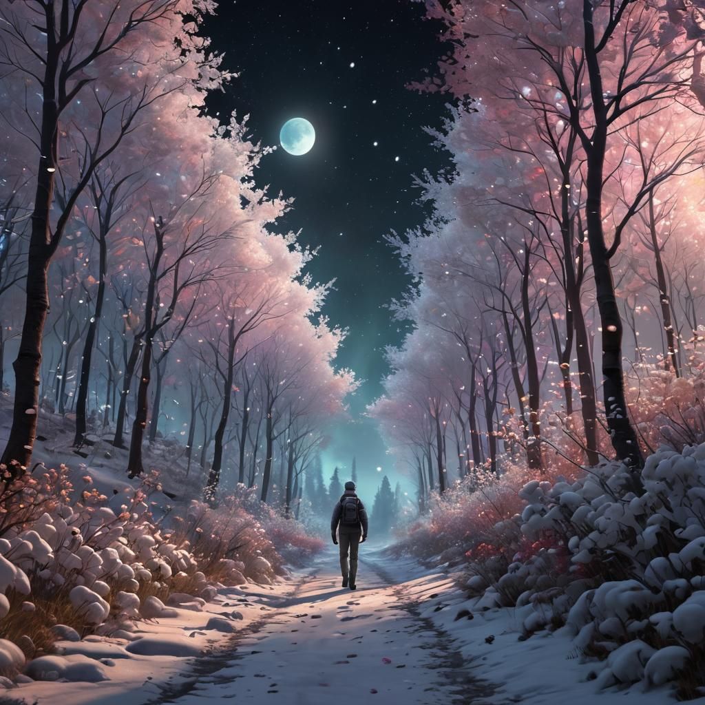 Moonlit Figure Wades through Winter Wonderland in Vibrant Co...