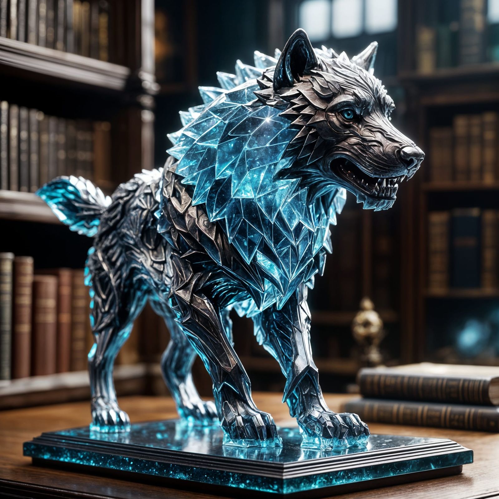 Ethereal Glass Wolf Statue Illuminated in Cosmic Glory