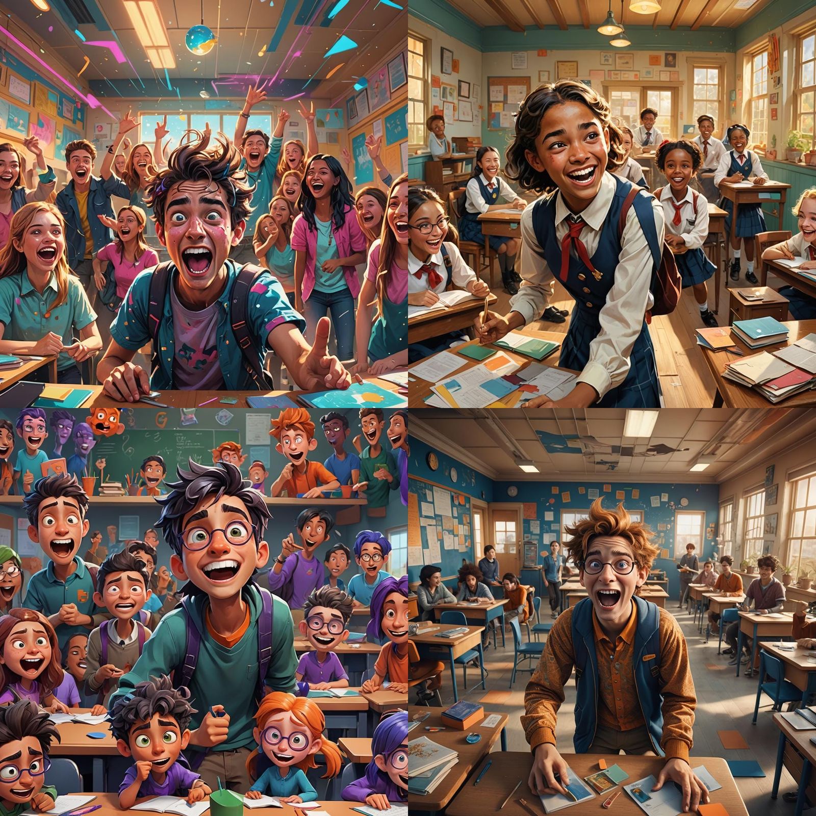 Youthful Antics: Whimsical Classroom Chaos in Vibrant Fantas...