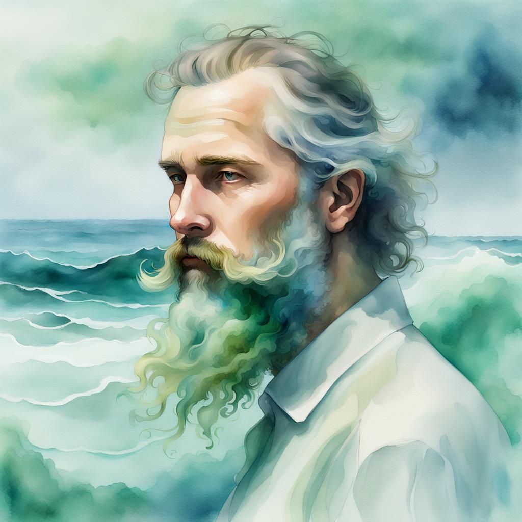 Surreal Oceanic Portrait with Gentle Wave Beard