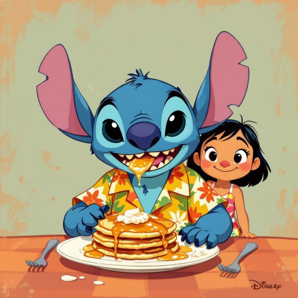 Stitch Eats Soggy Pancakes with Lilo Making a Funny Face