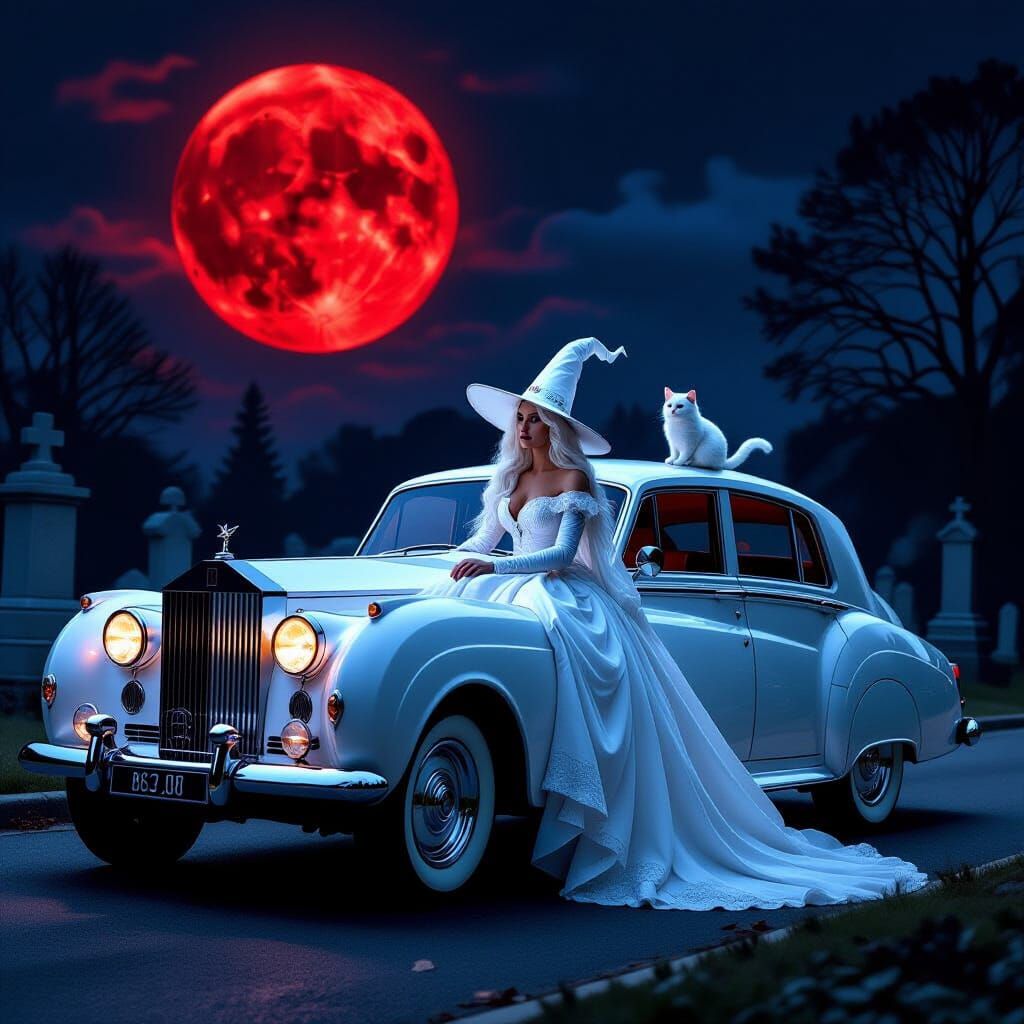 Witch Rides White Rolls-Royce Under Blood Moon