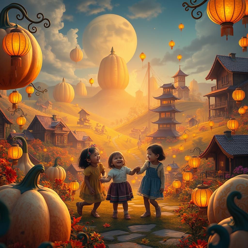 Whimsical Harvest Festival in Vibrant, Imaginative Gourd Lan...