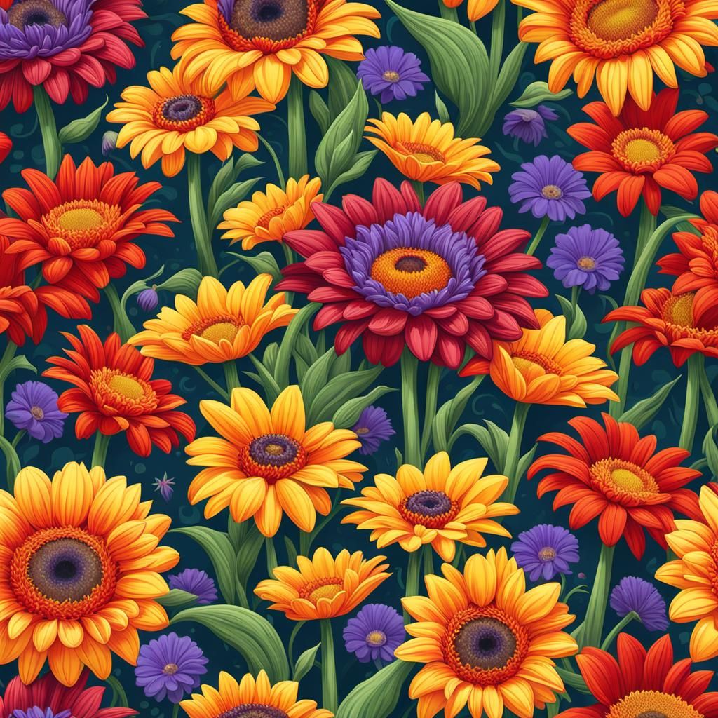 Vibrant Floral Garden with Geometric Patterns in 3D