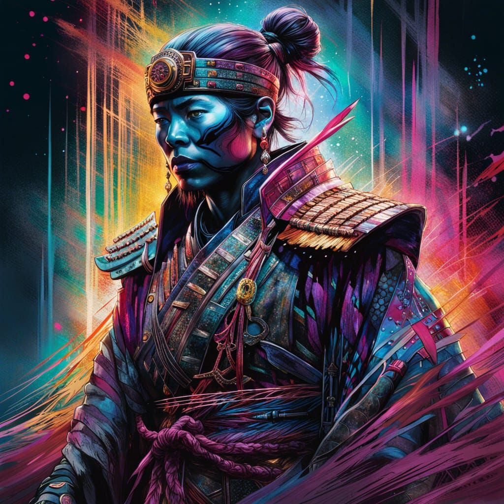 Ethereal Warrior in Vibrant Psychedelic Landscape