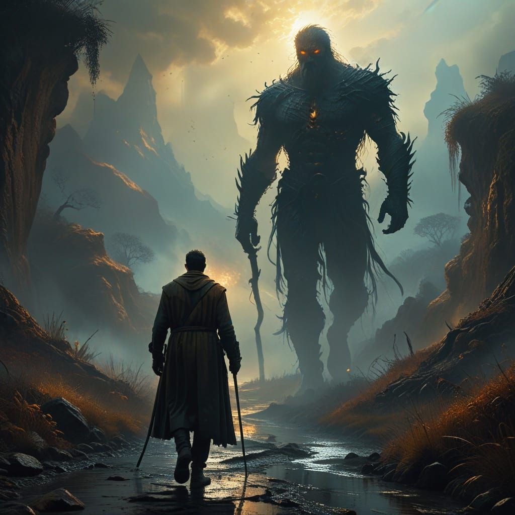 Mystical Man with Cane in Fantasy Landscape