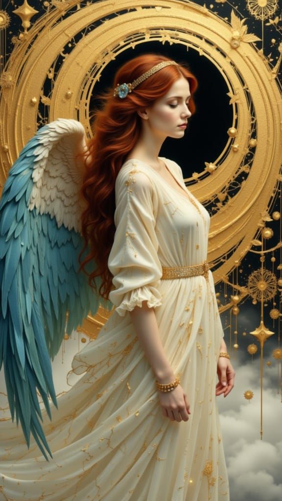 Ethereal Woman with Feathered Wing and Golden Light Portal