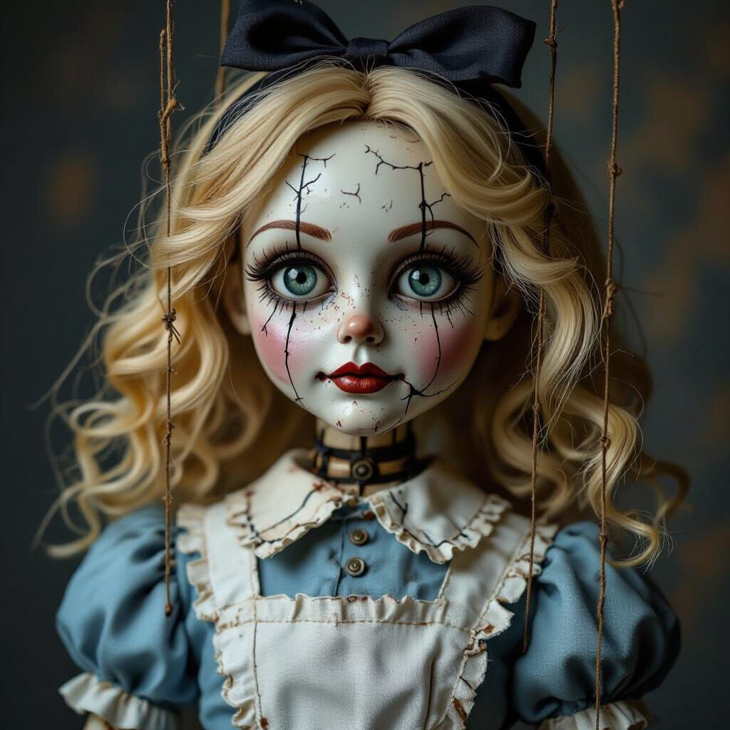 Macabre Alice in Wonderland Marionette in Photorealistic Sty...